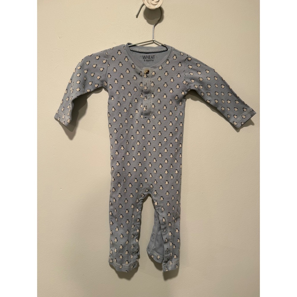 Wheat Baby Blue Penguin Print Cotton Romper Henley 6 Months Danish Design